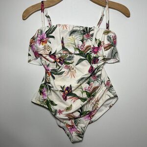 Kona Sol Cream Floral Print Removable Straps One Piece Swimsuit Women’s Medium